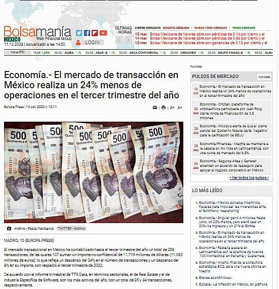 Economa.- El mercado de transaccin en Mxico realiza un 24% menos de operaciones en el tercer trimestre del ao